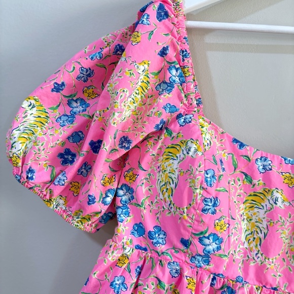 Lilly Pulitzer Puff Sleeve Pink Floral Leopard Dress Women’s 16 Fit & Flare - Picture 4 of 10
